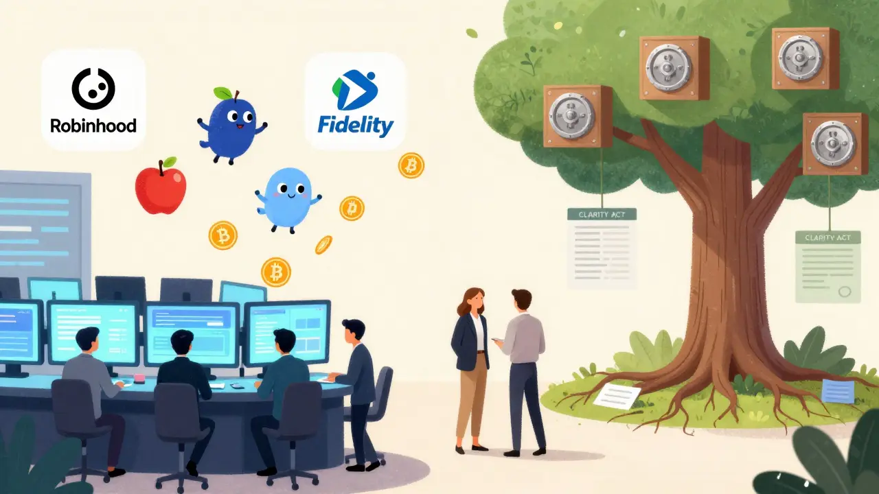 Traders at desks with crypto coins flowing into brokerage accounts under a CLARITY ACT tree.