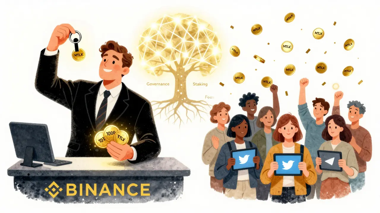 Two scenes: a trader receives MTLX from FET tokens on one side, while a crowd celebrates social media airdrop tokens on the other.