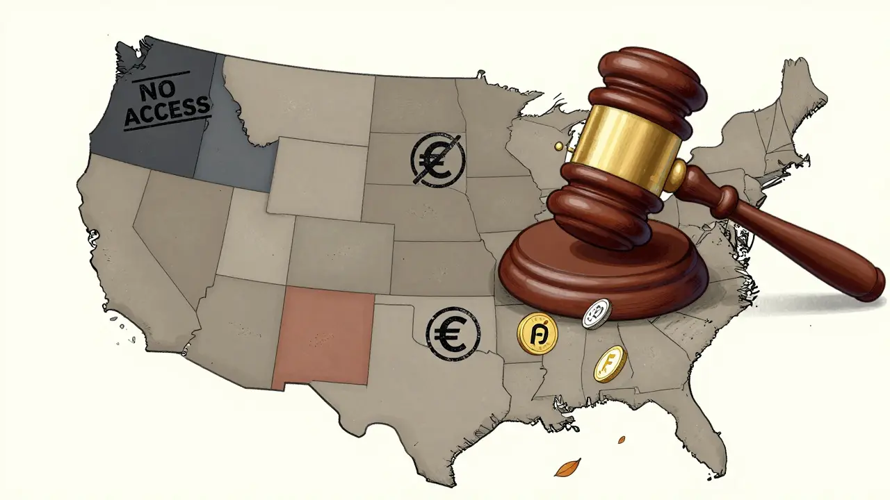 U.S. state map with regional trading restrictions and banned crypto tokens falling like leaves.