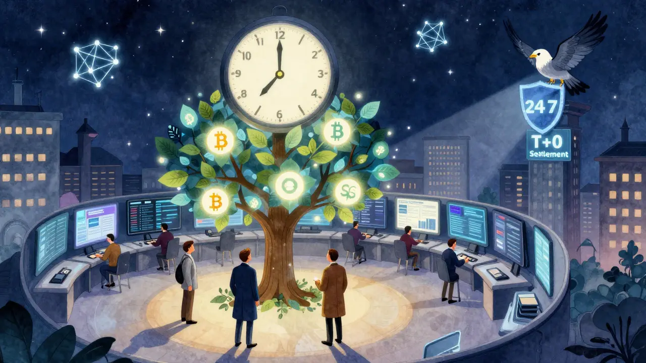 A 24/7 options trading scene under a starry sky, with digital crypto leaves turning into contracts and a falcon guarding T+0 settlement.