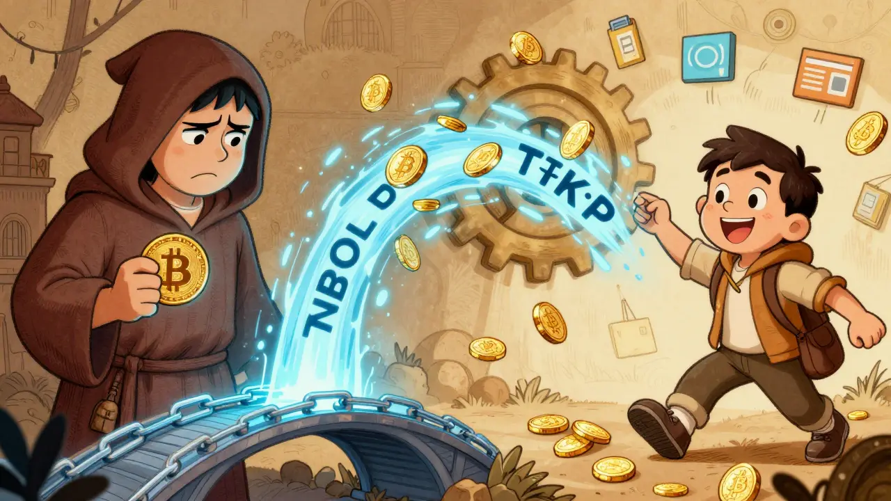 A Bitcoin maximalist frowns at a BNB bridge while another user happily converts BTC to TAKER tokens via NPOL mechanism.