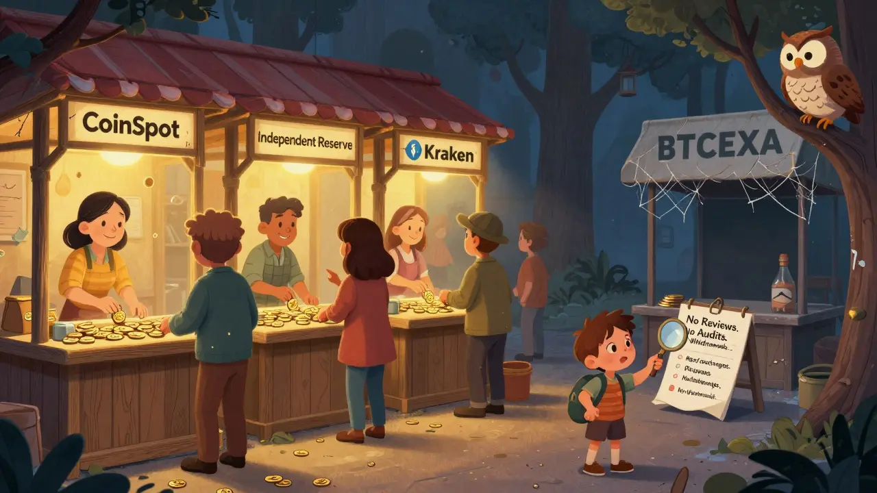 A bustling crypto marketplace shows trusted exchanges in light, while BTCEXA sits abandoned and forgotten.