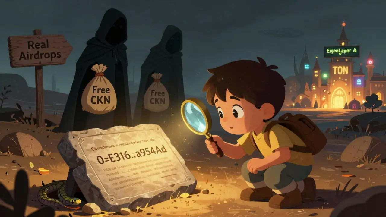 A child examines a contract address while shadowy figures offer deceptive free tokens.