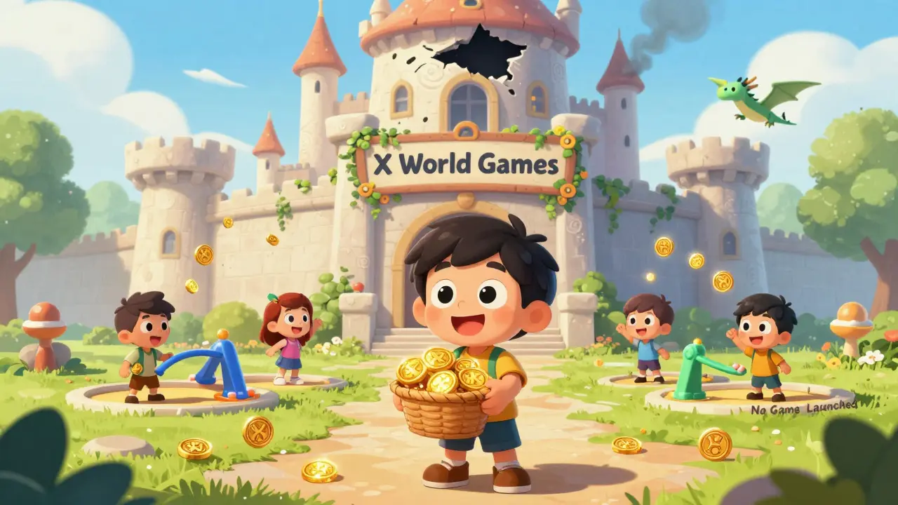 A child holds XWG tokens in front of a castle with no entrance, while other children play with thriving games nearby.