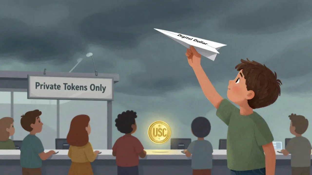 A child watching a paper airplane labeled 'Digital Dollar' fly away as private tokens replace government money below.