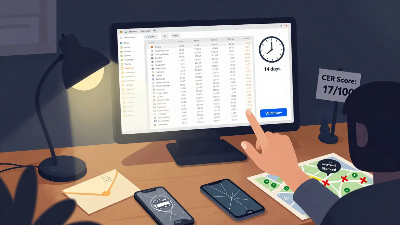 A cluttered desk with a confusing crypto interface, a delayed withdrawal clock, and a low security score notice.