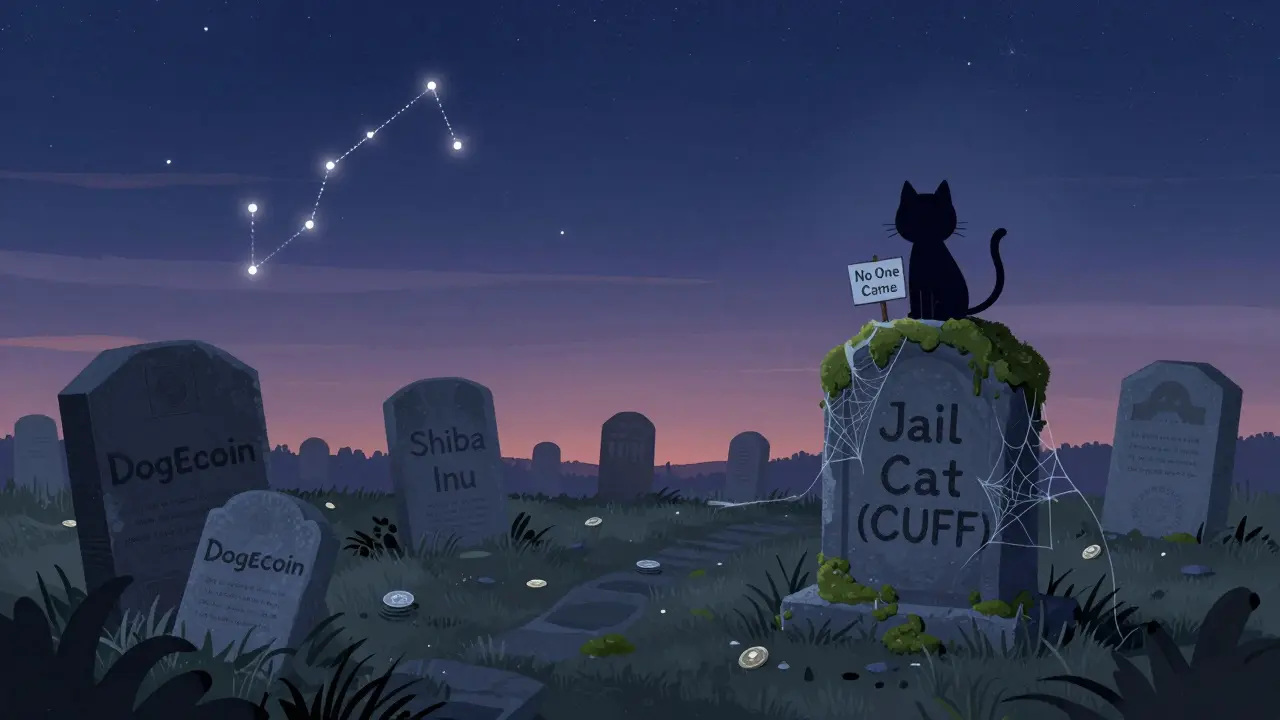 A crypto graveyard with tombstones including Jail Cat, under a starry sky, a cat sitting atop its grave.
