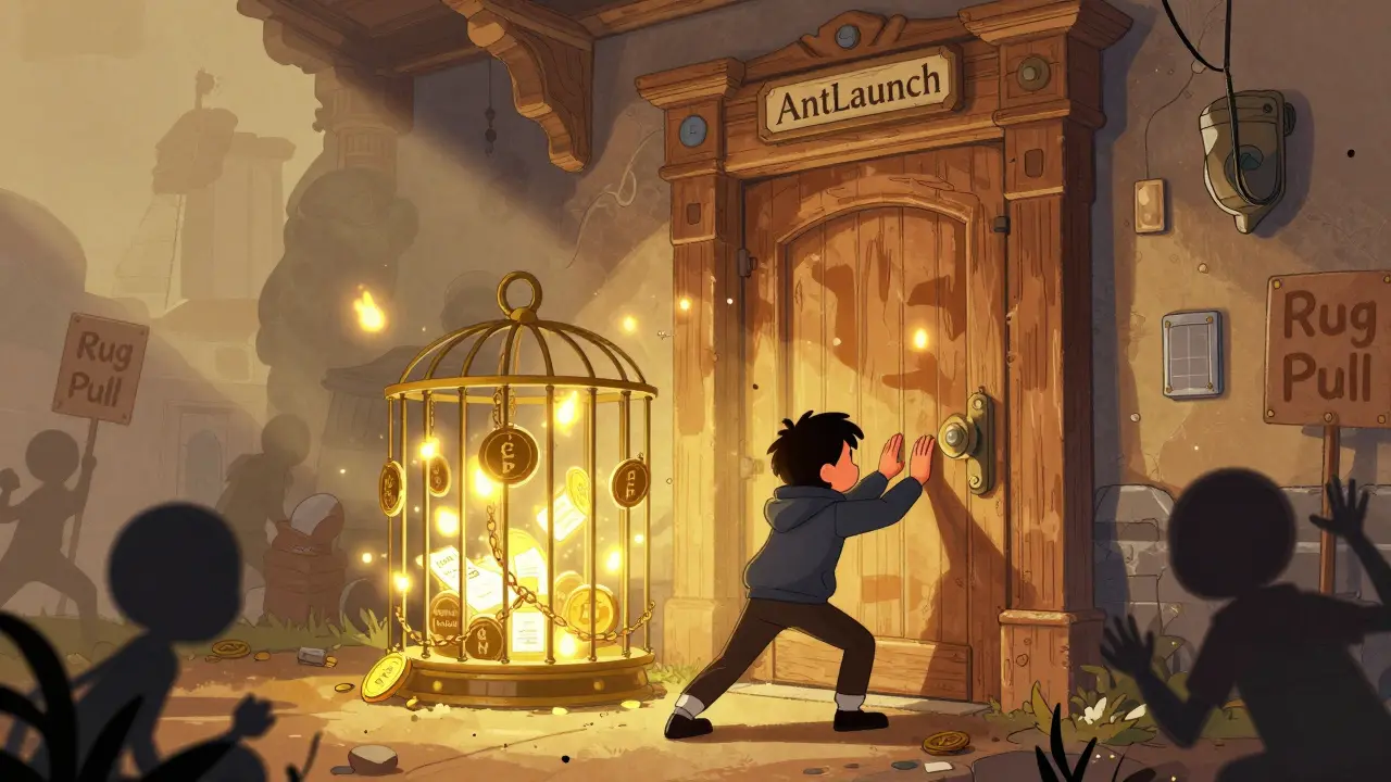 A developer opens a door to AntLaunch, where smart contracts glow and locked tokens are safely chained.