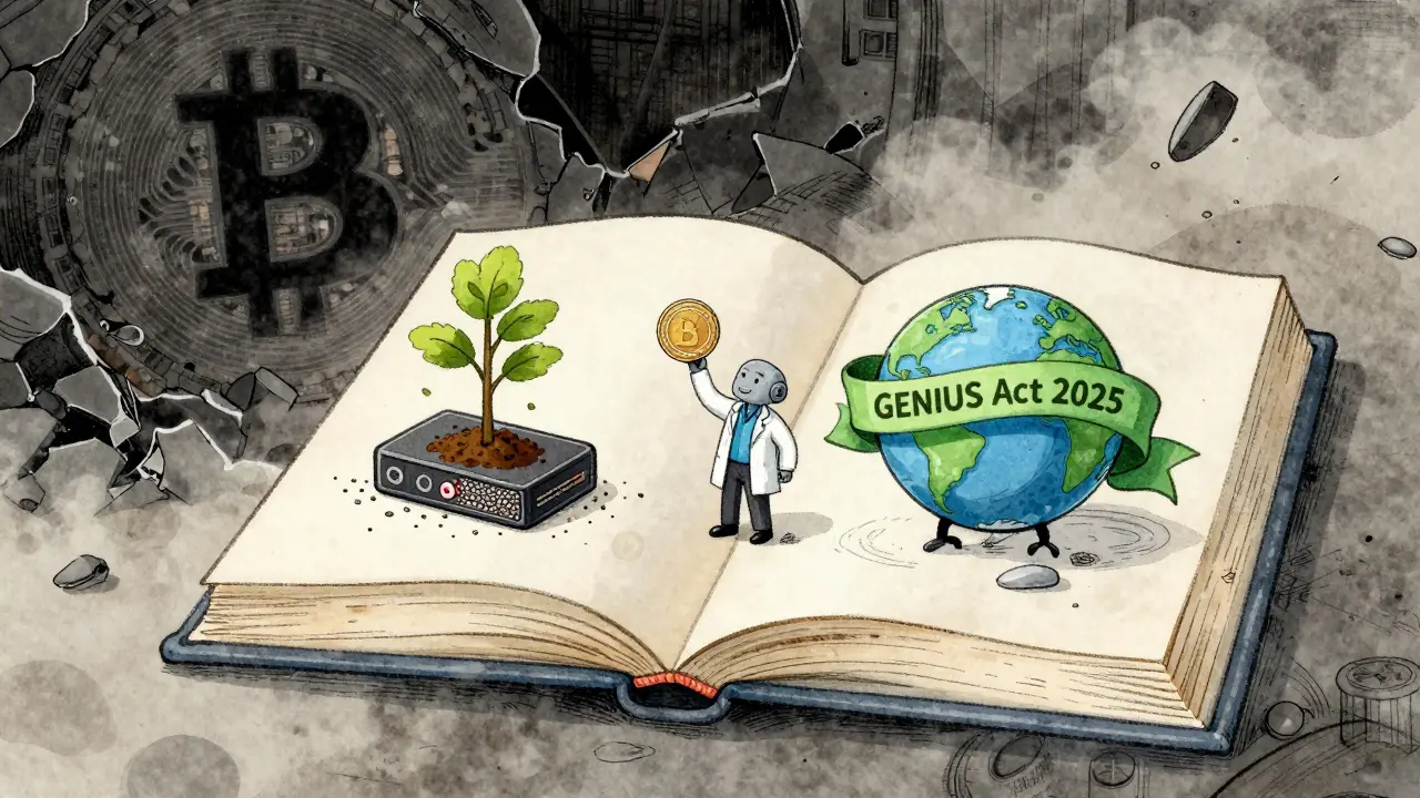 A floating book showing eco-crypto innovations, with a fading Bitcoin mine in the background.