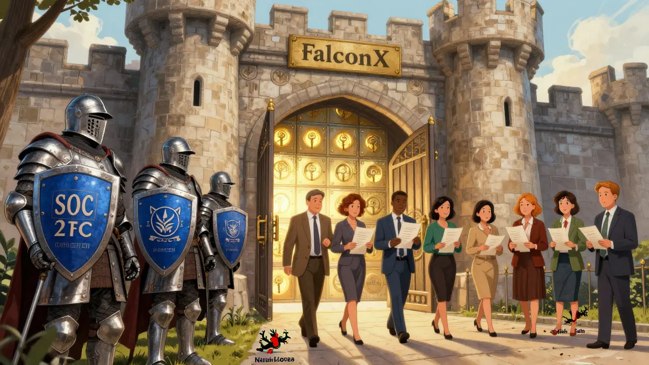 A fortified castle gate guarded by compliance knights, with vaults of secure keys and institutional clients entering past barred nations.