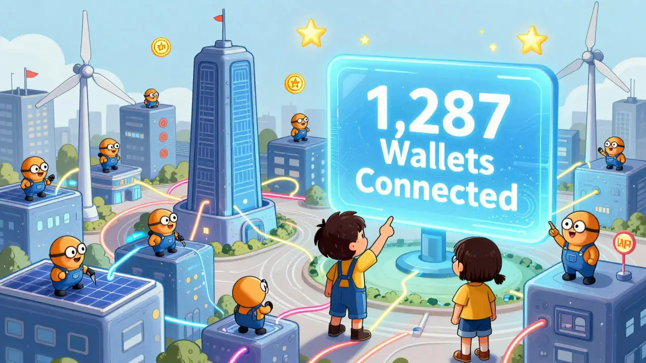 A futuristic city powered by miners connected to renewable energy sources, with glowing LMR threads and stars shaped like tokens.