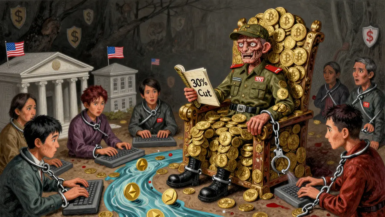 A KNA leader on a throne of crypto coins and handcuffs, forcing victims to generate stolen digital money flowing toward U.S. banks.