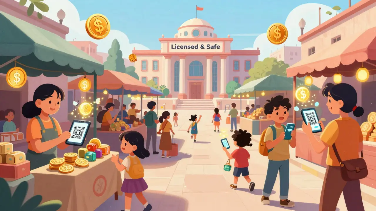 A lively marketplace in La Paz where people pay with crypto using QR codes.