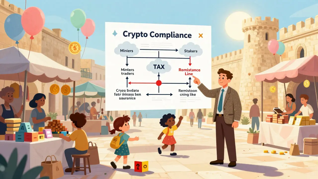 A Maltese market with floating crypto tokens and a compliance flowchart, showing paths to avoid taxes unless remitted.