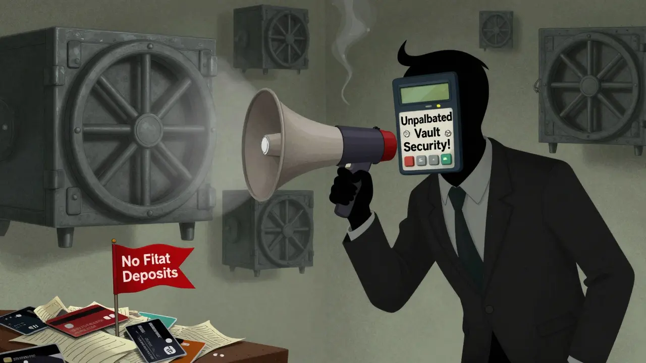 A masked figure falsely claims security while empty vaults and discarded payment methods surround him.