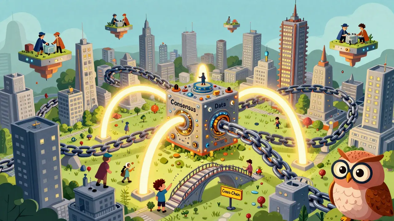 A modular blockchain city with interconnected chains and developers building on floating platforms above.