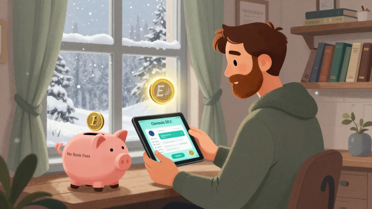 A Nordic freelancer uses a tablet to send EEUR, avoiding bank fees in a cozy Scandinavian home.