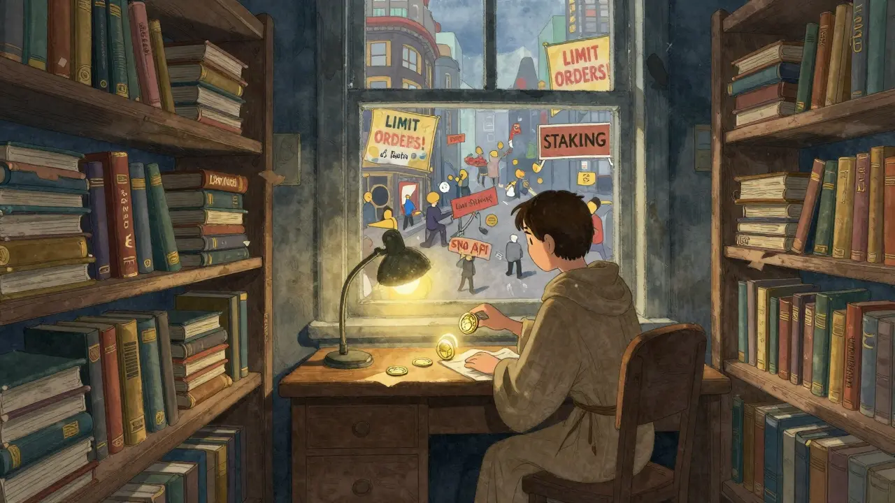 A quiet reader swapping two coins in a dim library while vibrant trader cities glow outside the window, illustrating Ferro's narrow focus.