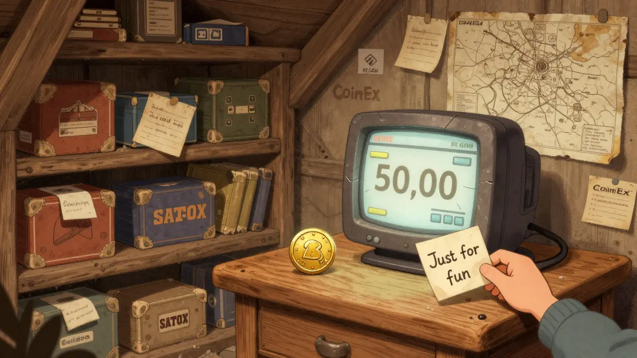 A single SATOX token on a table in an attic, surrounded by old game boxes and a handwritten note.