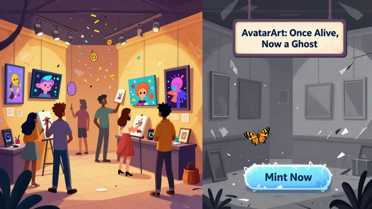 A split scene: lively NFT gallery on the left, a ruined ghost version on the right with a moth near a frozen mint button.