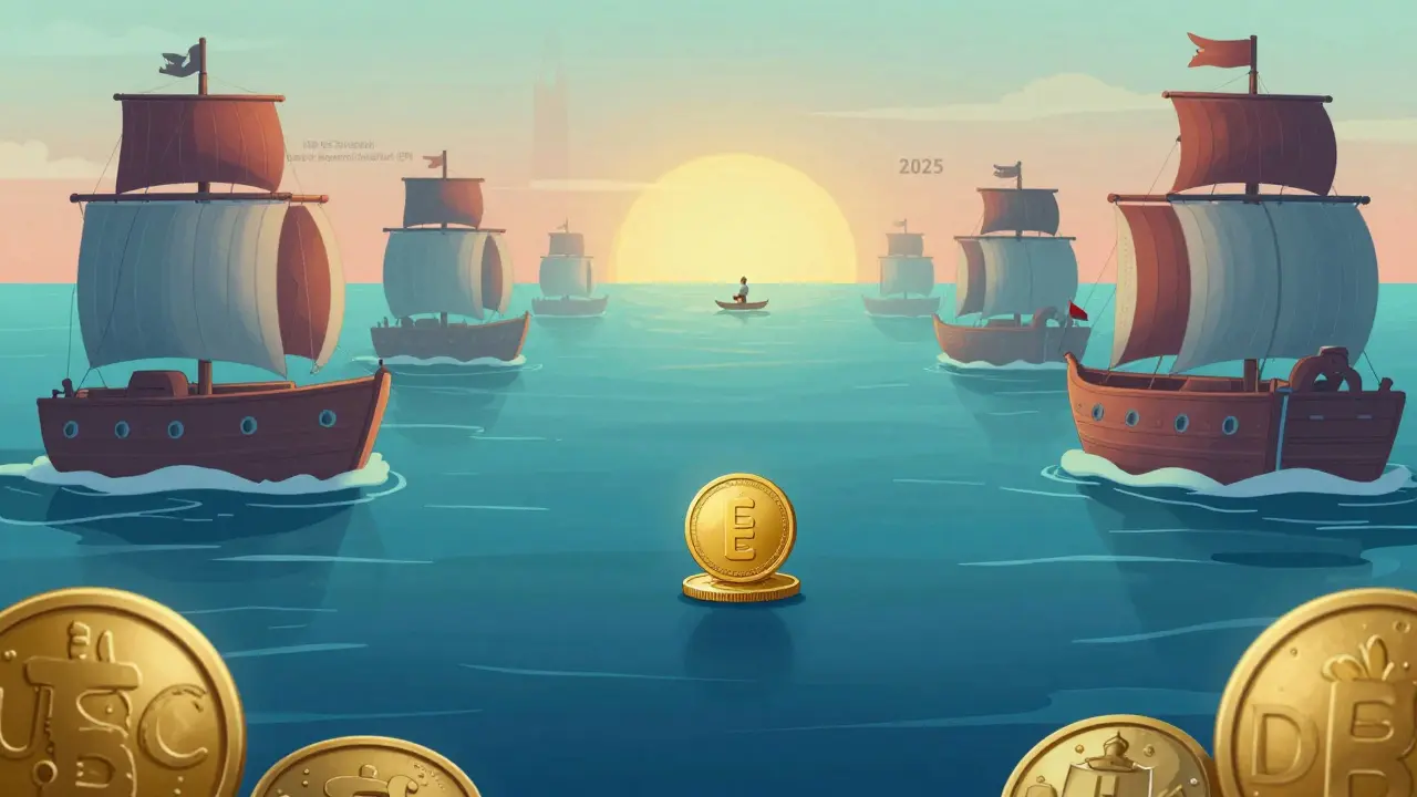 A tiny EEUR token drifts alone in a vast digital ocean beside giant competing stablecoins.