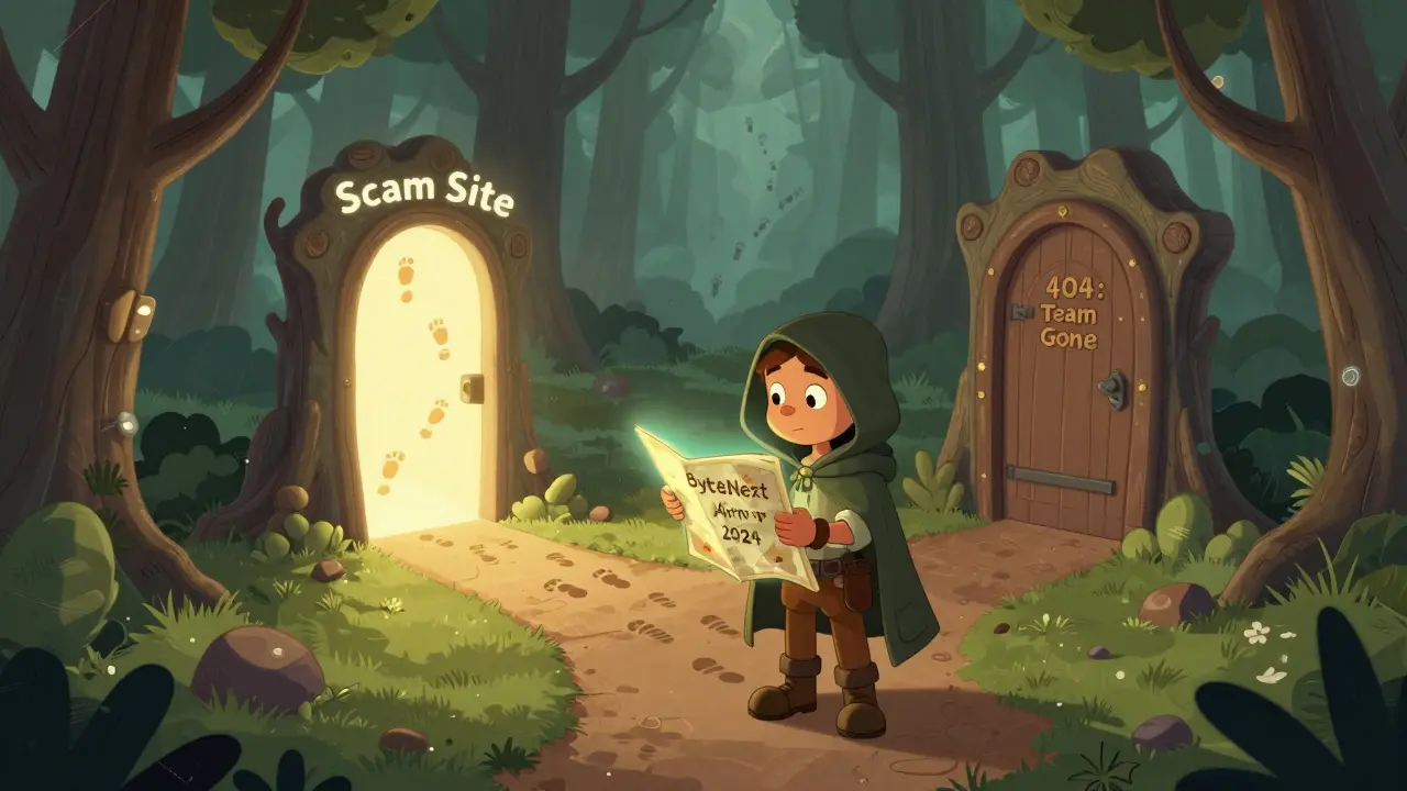 A traveler stands at a crossroads in a blockchain forest, one path leads to a scam portal, the other to a sealed door.