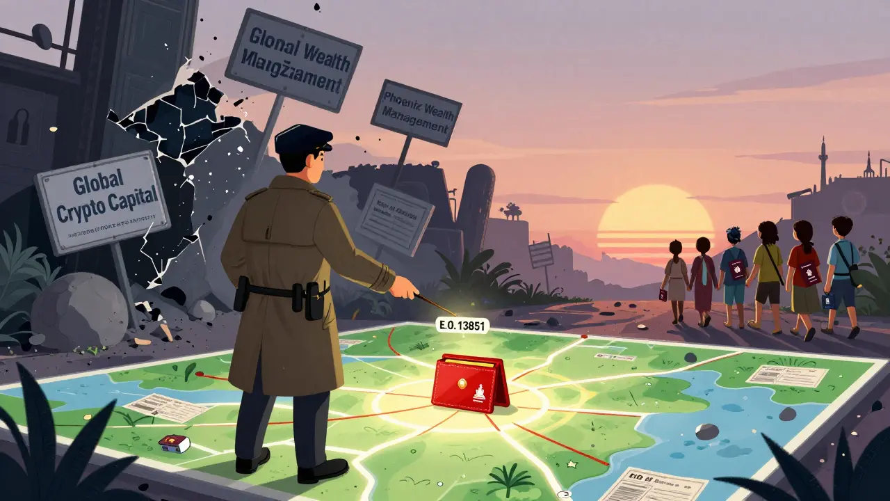 A U.S. Treasury agent using sanctions to dismantle fake crypto companies, as freed victims walk toward freedom at dawn.