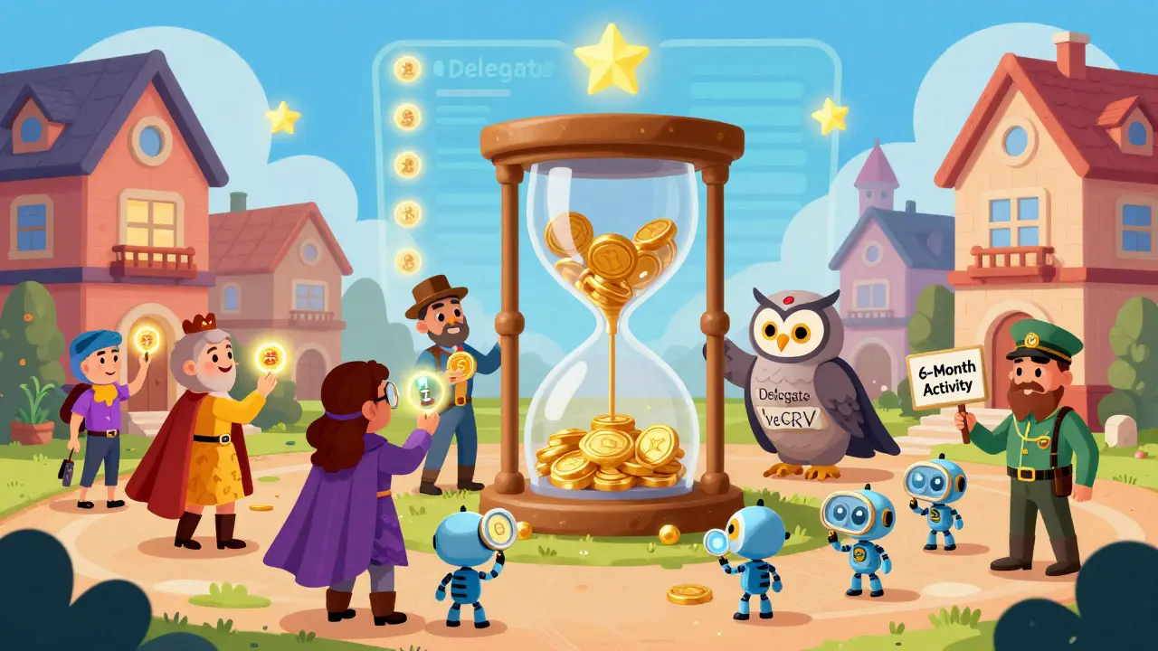 A vibrant DAO town square with citizens voting, delegating to an owl, and chasing away bot creatures.