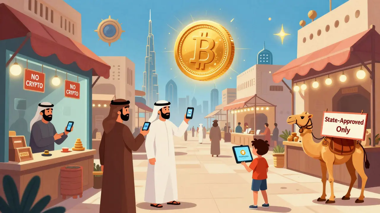 A vibrant Middle Eastern bazaar where merchants use digital tokens, but banks remain closed and silent.