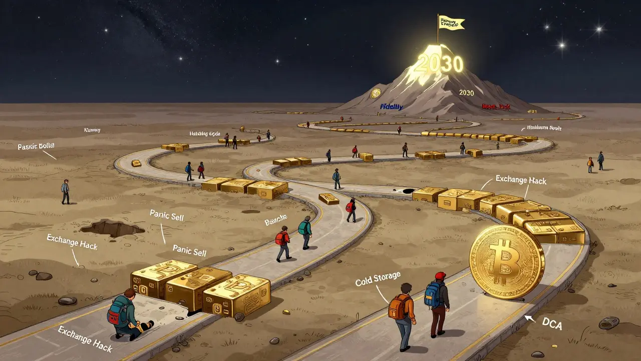 A winding path of Bitcoin blocks leads to a mountain peak, with walkers avoiding pitfalls, heading toward a 2030 horizon.