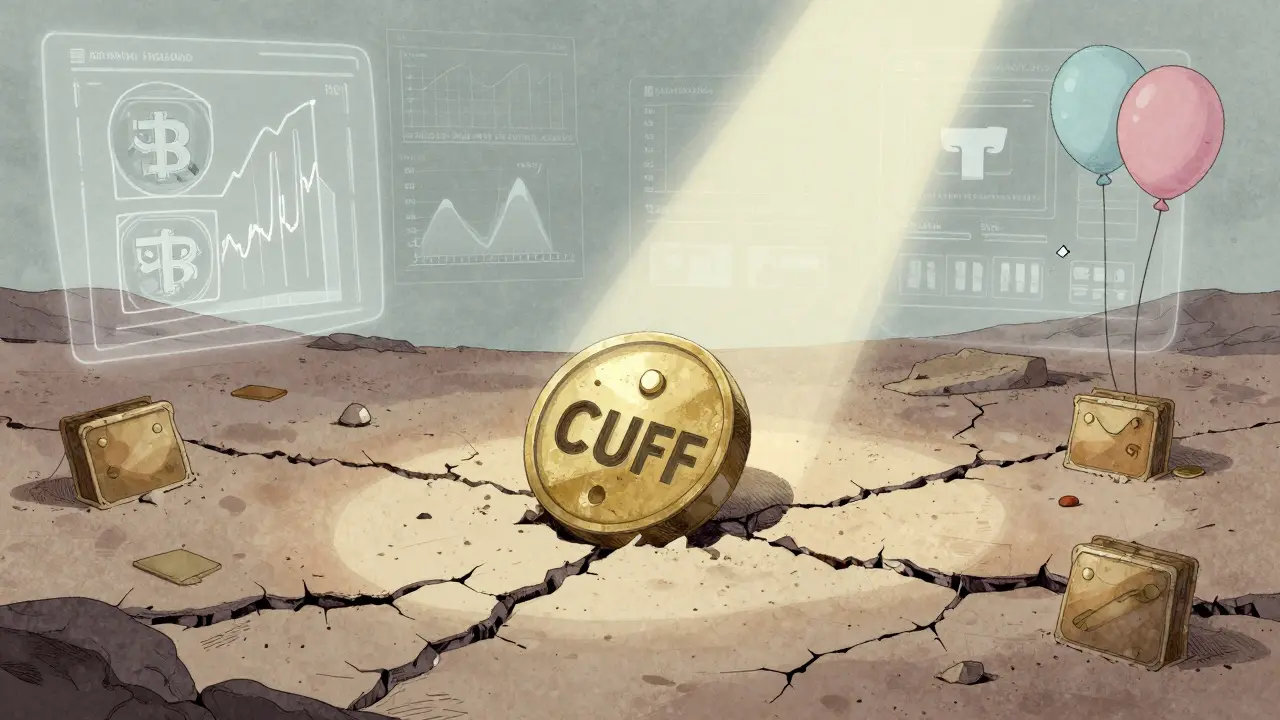 An abandoned CUFF token lying in a desolate digital landscape with ghostly charts and broken logos.