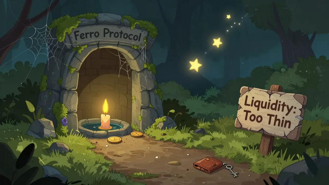 An abandoned Ferro Protocol portal covered in moss, with a flickering candle and a lost wallet.