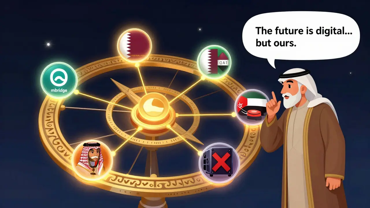 An ancient astrolabe-shaped blockchain connects GCC nations, each with its own digital currency system.