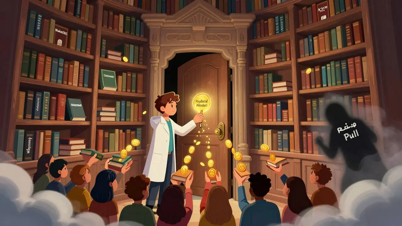 An ancient library of blockchain protocols, with a glowing key unlocking a door as tokens flow to community members.