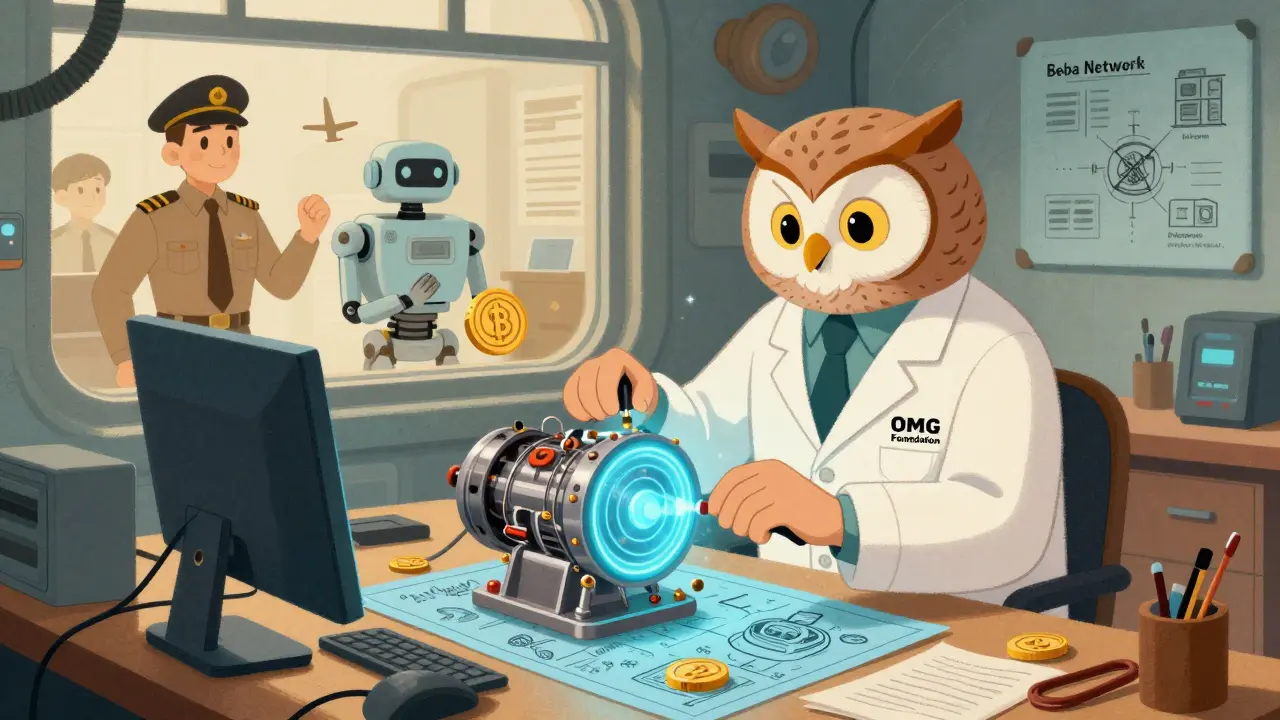 An owl inventor transforms an old Plasma engine into a ZK-powered core, surrounded by enterprise users.