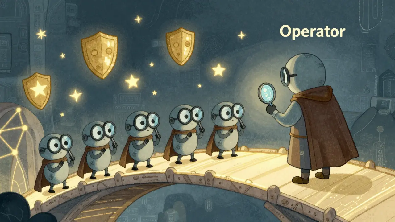 Cartoon Watchers with magnifying glasses guard a single Operator on a glowing bridge in a digital realm.