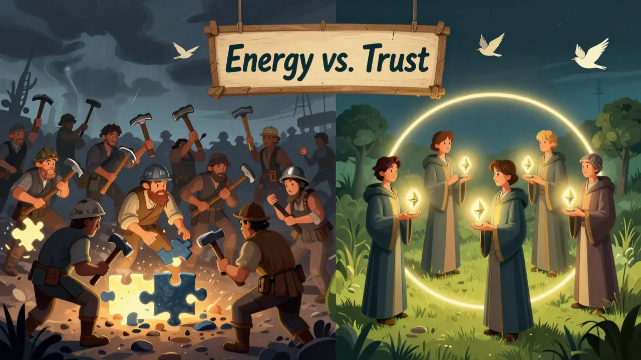 Contrasting scenes of miners smashing puzzles versus validators holding glowing tokens in a peaceful meadow.