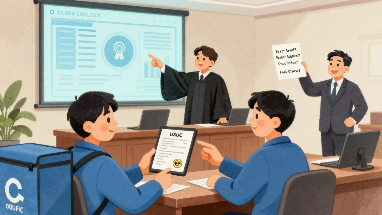 Judge in court examining a blockchain transaction while a delivery driver holds a crypto payment receipt.