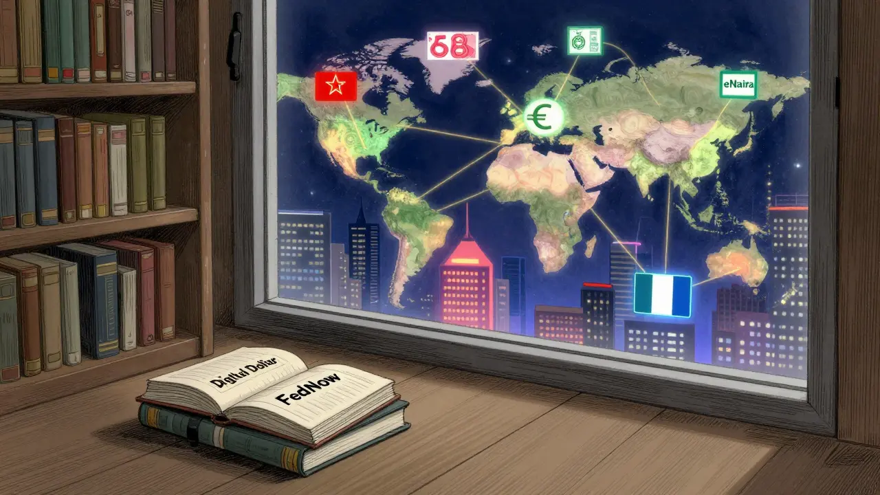 The U.S. as a quiet library while a glowing global city pulses with digital currencies outside the window.