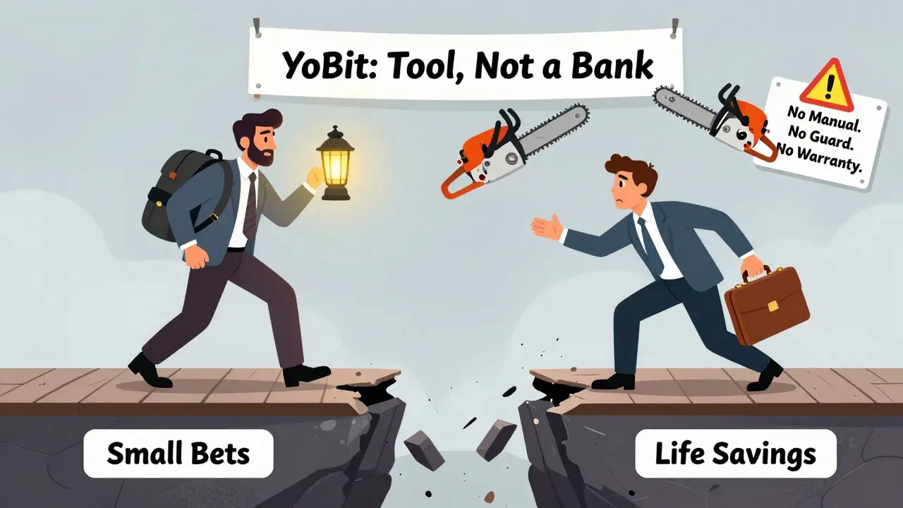 Two figures on a crumbling bridge: one experienced trader crossing safely, one beginner falling into regulatory chasm.