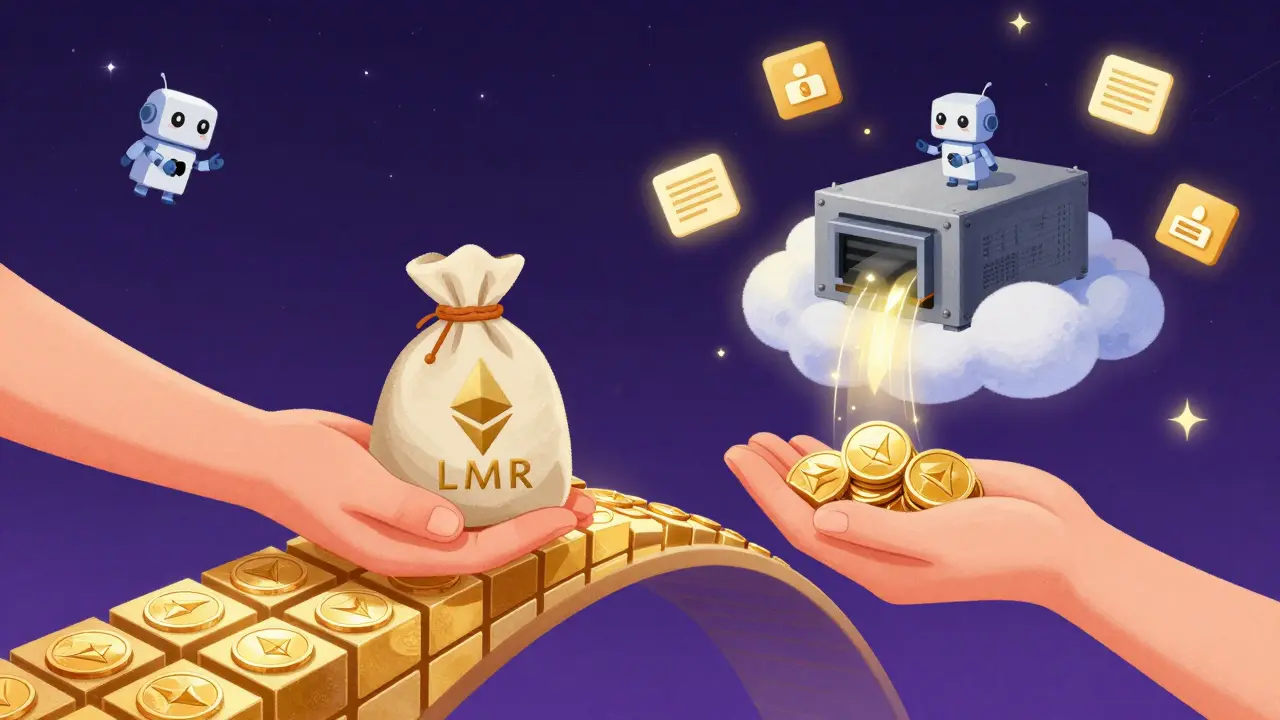 Two hands exchange LMR coins for hashpower across a bridge of Ethereum blocks, with smart contract robots shaking hands.