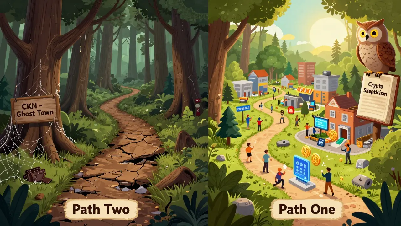 Two paths in a forest: one leads to a ghost town, the other to a thriving crypto community at dawn.