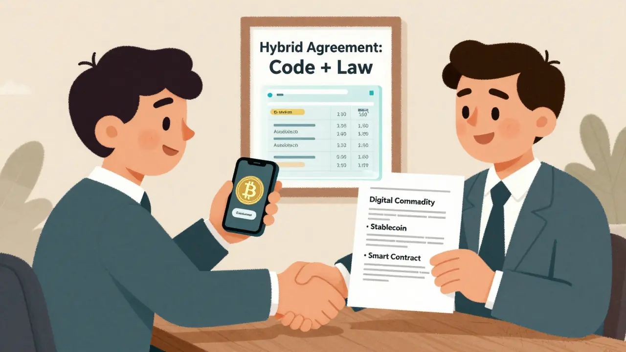 Two people shaking hands with a blockchain ledger above them, signing a hybrid legal-crypto agreement.