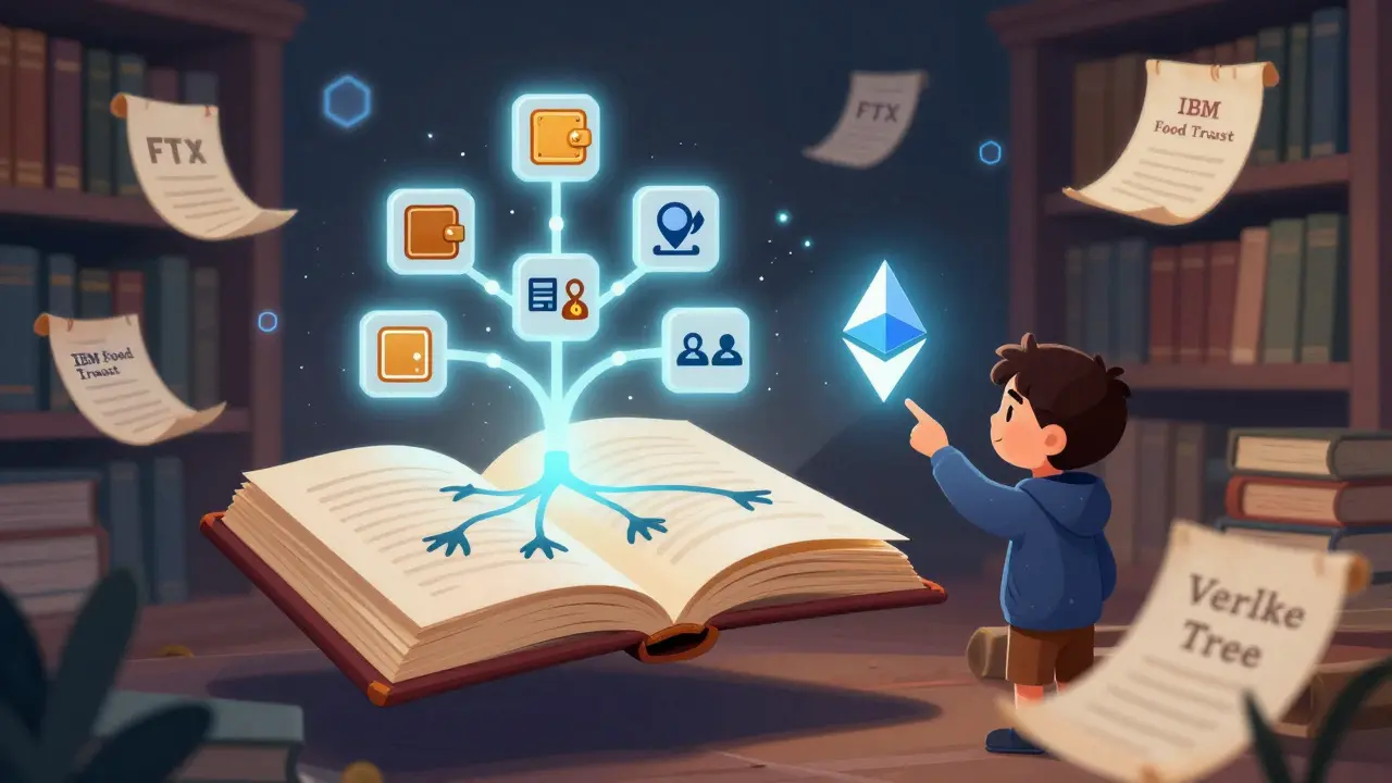 A child points to their name in a magical Merkle Patricia Trie as account states glow with light.