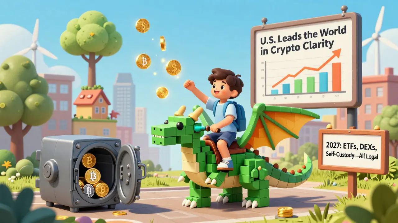A child riding a blockchain dragon through a vibrant city, dropping tokens that become useful assets, with banks safely storing crypto.