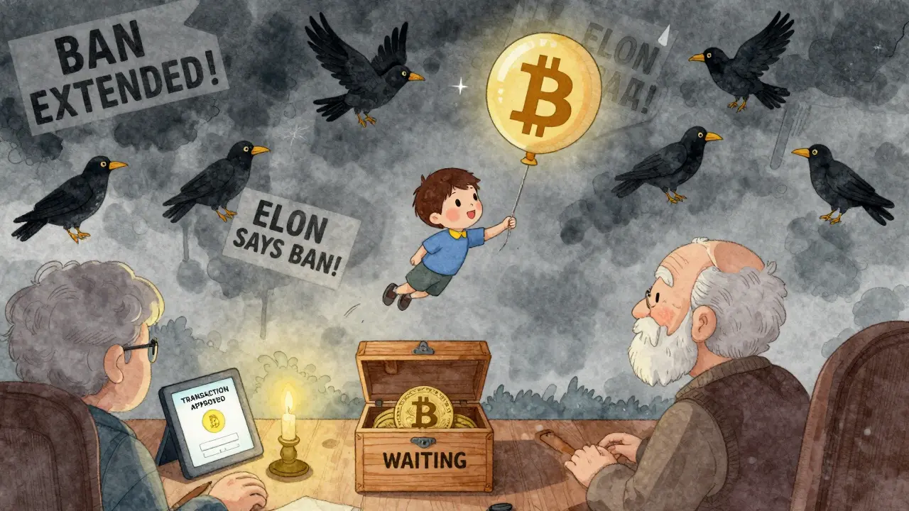 A child watches a Bitcoin-shaped balloon drift away amid fake news crows, while an elderly person stores Bitcoin in a wooden box beside a glowing Digital Yuan tablet.