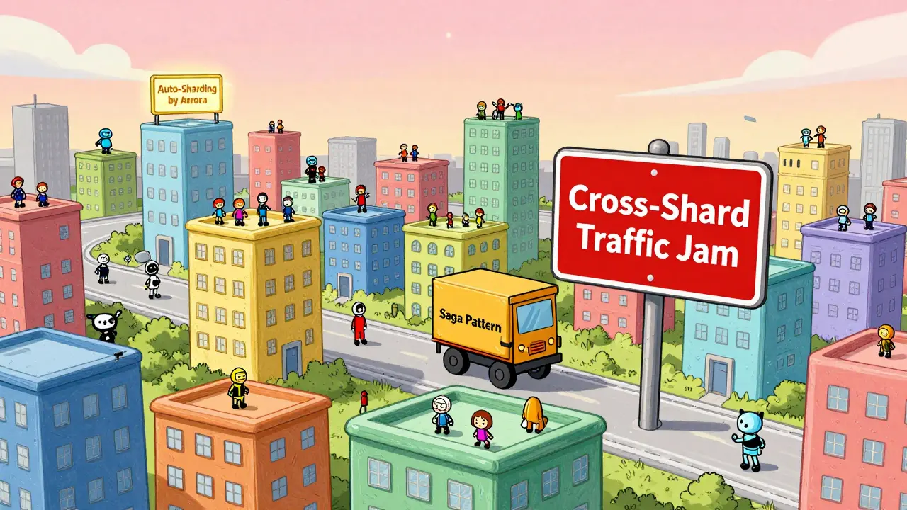 A city of colored blockchain shards with a delivery cart using the Saga Pattern to avoid traffic jams.