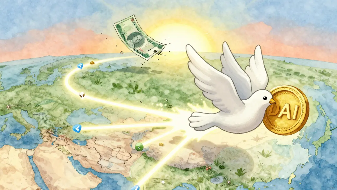 A DAI coin dove flies over Iran, leaving trails of crypto pathways as the rial crumbles behind it.