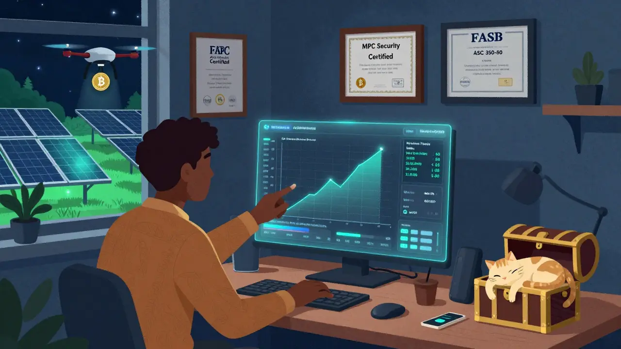 A family managing their crypto portfolio on a holographic dashboard at night, with tokenized assets glowing outside their window.