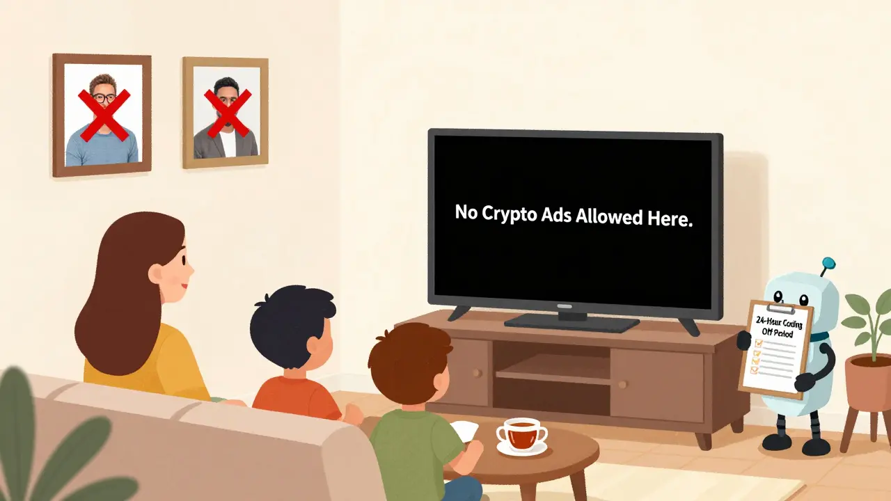 A family watches a blank TV screen with a sign saying 'No Crypto Ads Allowed' in their living room.